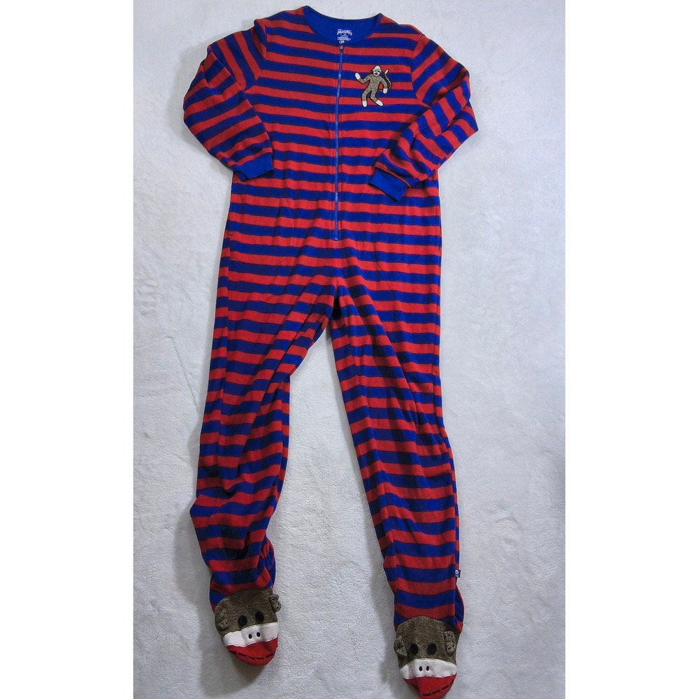 Nick & Nora Footed Pajamas Adult Medium One Piece Striped Sock Monkey Fleece